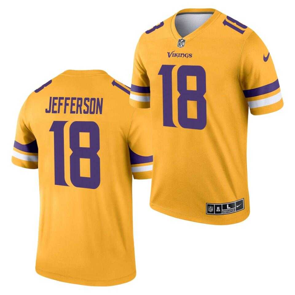 Mens Minnesota Vikings #18 Justin Jefferson Gold 2021 Inverted Legend Stitched Jersey Dzhi